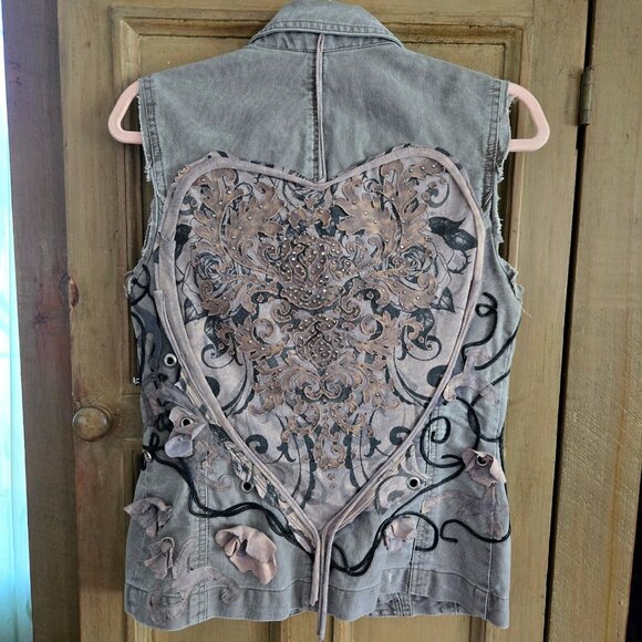 Vintage Upcycled Fairy Grunge Cargo Utility Vest size S Rhinestone Studded Boho - Picture 1 of 13